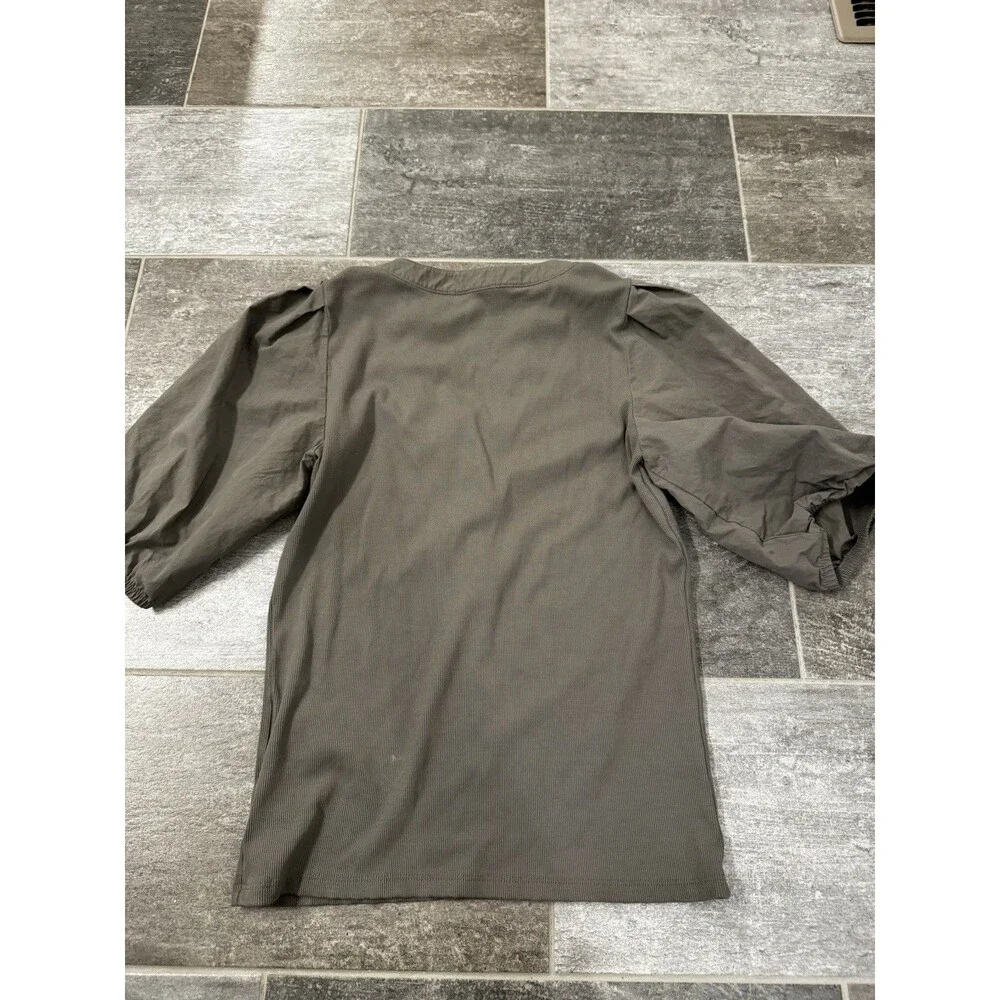 Madewell Women's, Army Green, Size Small Ribbed Shirt With Puff Sleeves, EUC